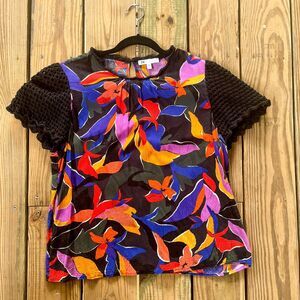 DR2 Tropical Crochet Sleeve Flowy Blouse Top - Tropical Floral - Resortwear - XL